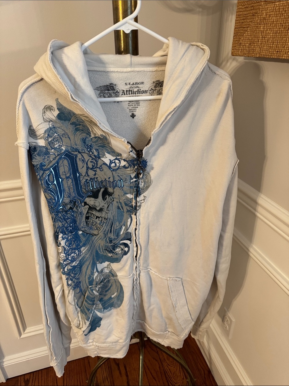 Affliction Cream Zip Hoodie with Blue Skull Graphic